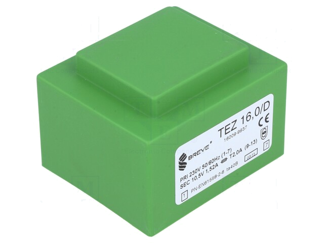 Transformator: ingegoten; 16VA; 230VAC; 10,5V; 1523,8mA; PCB; IP00 Transformator: ingegoten; 16VA; 230VAC; 10,5V; 1523,8mA; PCB; IP00